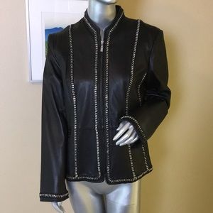 Pamela McCoy Couture | Black Leather Jacket Whipstitch & Chain Details